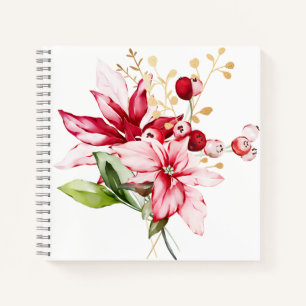 Winter holiday red poinsettia watercolour flowers  notebook