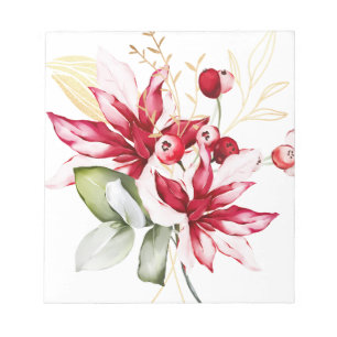 Winter holiday red poinsettia watercolour flowers notepad