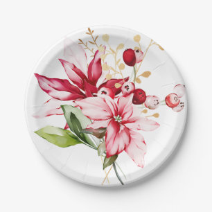 Winter holiday red poinsettia watercolour flowers  paper plate