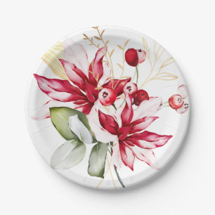 Winter holiday red poinsettia watercolour flowers  paper plate