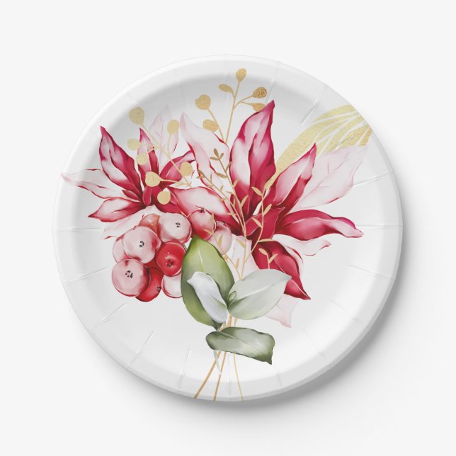 Winter holiday red poinsettia watercolour flowers  paper plate (Front)