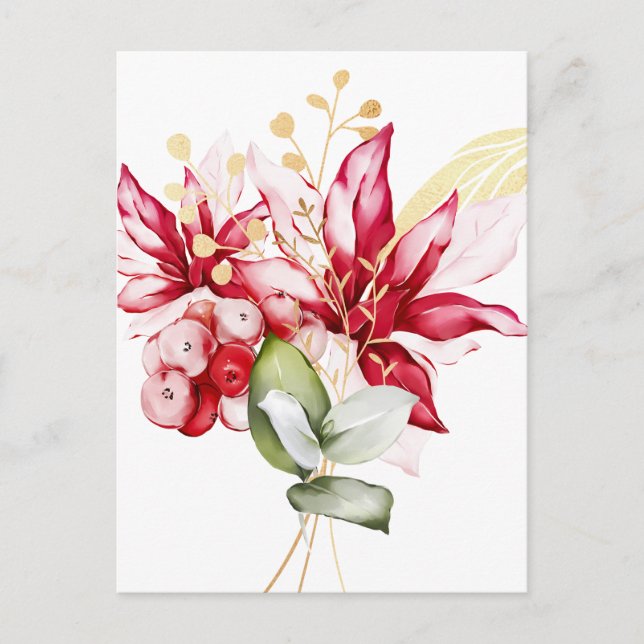 Winter holiday red poinsettia watercolour flowers  postcard (Front)