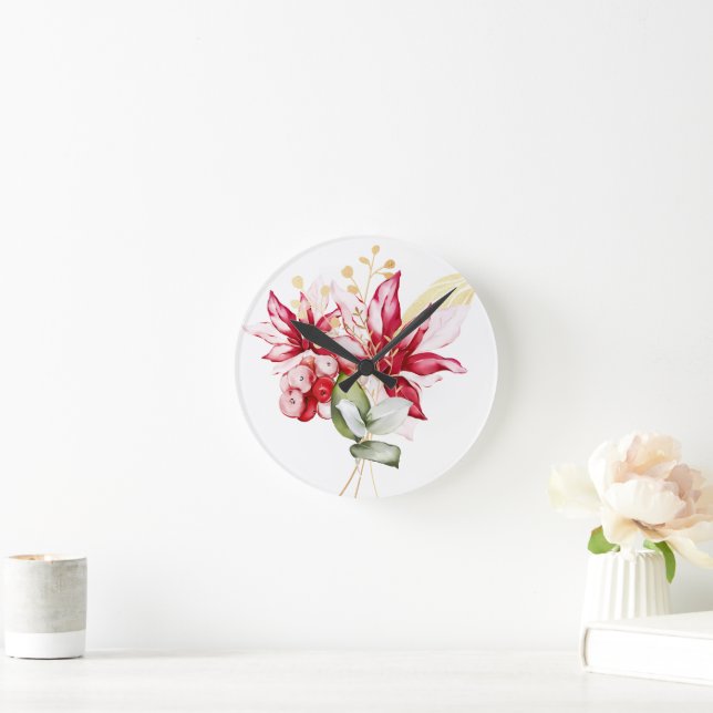 Winter holiday red poinsettia watercolour flowers  round clock (Home)