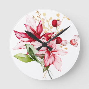 Winter holiday red poinsettia watercolour flowers  round clock