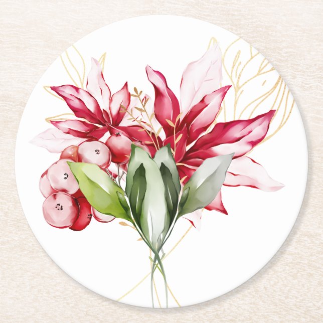 Winter holiday red poinsettia watercolour flowers  round paper coaster (Front)