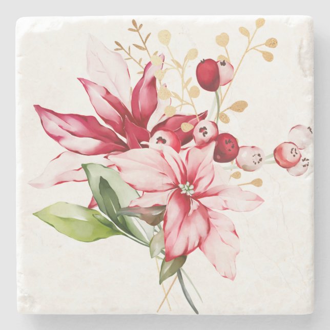 Winter holiday red poinsettia watercolour flowers  stone coaster (Front)