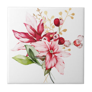 Winter holiday red poinsettia watercolour flowers tile