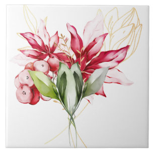 Winter holiday red poinsettia watercolour flowers tile