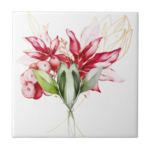 Winter holiday red poinsettia watercolour flowers tile