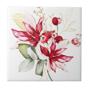Winter holiday red poinsettia watercolour flowers tile