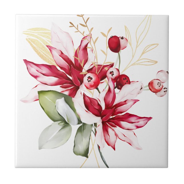 Winter holiday red poinsettia watercolour flowers  tile (Front)
