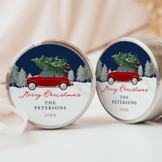 Winter Holiday Red Truck Christmas Gifts Classic Round Sticker (Creator Uploaded)