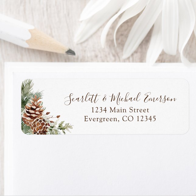 Winter Holiday Return Address Label (Elegant Watercolor Winter Pinecones Holiday Return Address Label Personalized by Painted Paperie
)