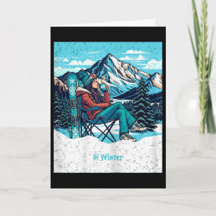 Winter Holiday Skier Woman Drinking Coffee Christm Card