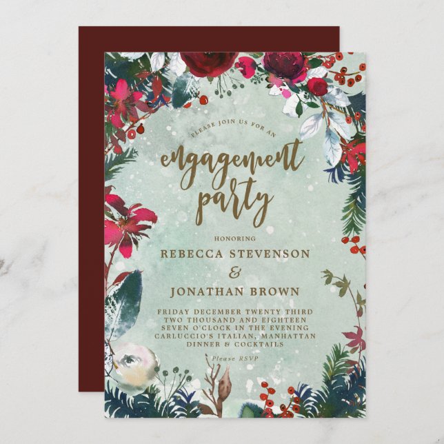 winter holiday snow engagement party invitation (Front/Back)
