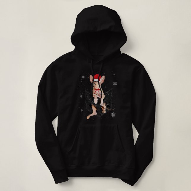 Winter Holiday Sphynx Cat Pocket with Christmas Sa Hoodie (Design Front)