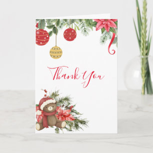 Winter holiday teddy bear red poinsettia photo thank you card