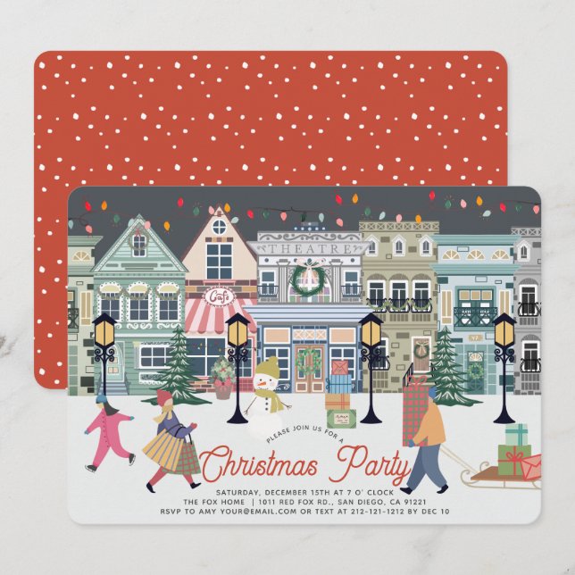 Winter Holiday Town Christmas Party Card (Front/Back)