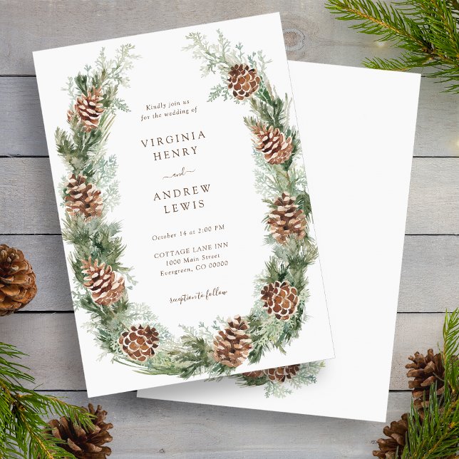 Winter Holiday Wedding Invitation (White Winter Holiday Pinecone Wedding Invitation by Painted Paperie
)