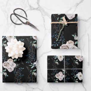 Winter holiday wedding roses pattern black wrapping paper sheet