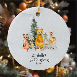 Winter Holiday Woodland Animal 1st Christmas Ceramic Tree Decoration