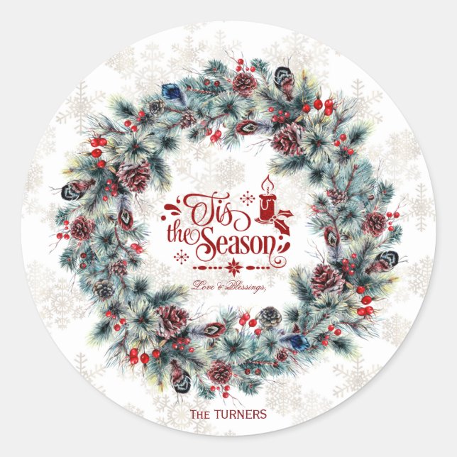 Winter Holiday Wreath 'Tis the Season Monogram Classic Round Sticker (Front)