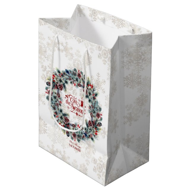 Winter Holiday Wreath 'Tis the Season Monogram Medium Gift Bag (Front Angled)