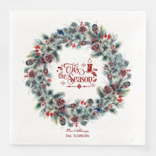 Winter Holiday Wreath 'Tis the Season Monogram Napkin