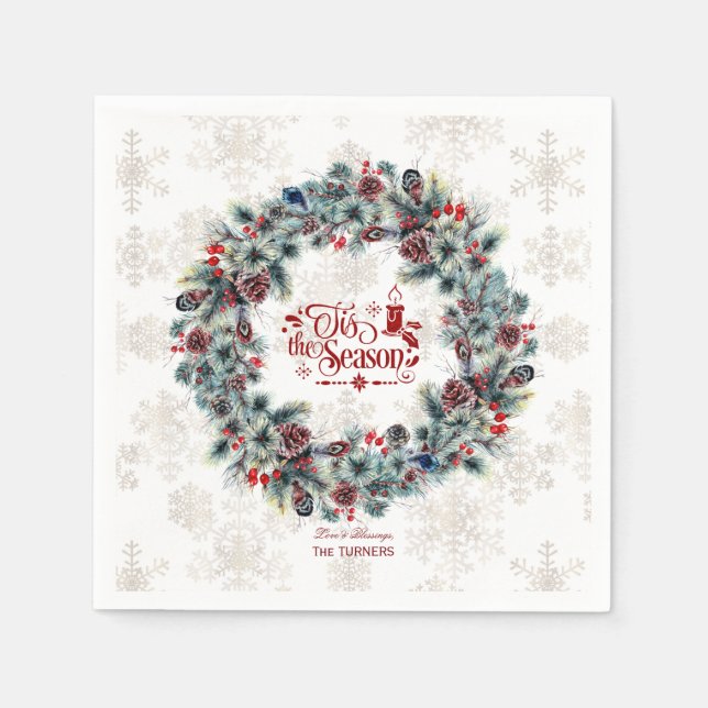 Winter Holiday Wreath 'Tis the Season Monogram Napkin (Front)