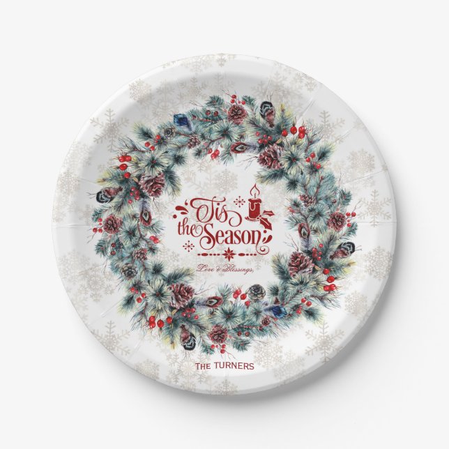 Winter Holiday Wreath 'Tis the Season Monogram Paper Plate (Front)