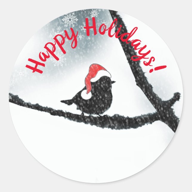 Winter Holidays Bird on a Snowy Branch  Classic Round Sticker (Front)