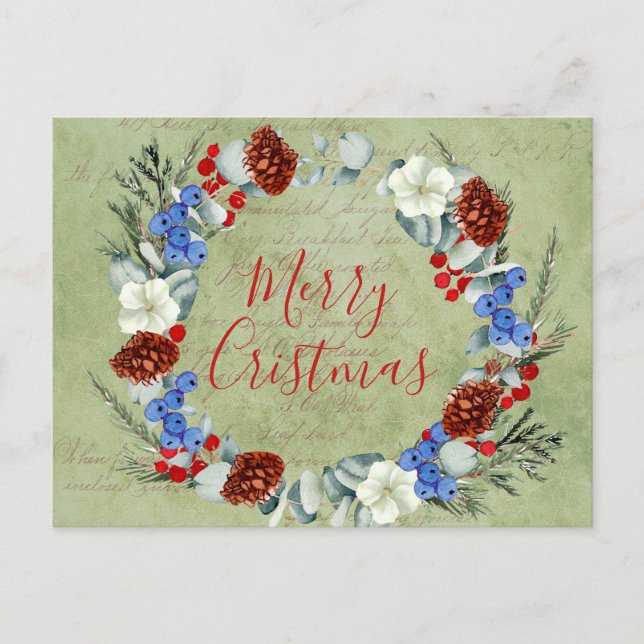 Winter Holidays Christmas Wishes Framed Berry Pine Announcement Postcard (Front)