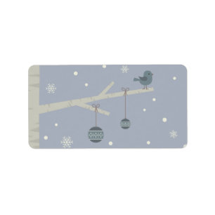Winter holidays forest xmas tree blue bird cartoon label