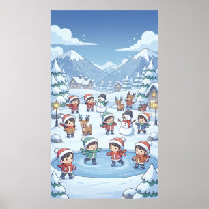 Winter holidays little kids wearing cosy coats poster