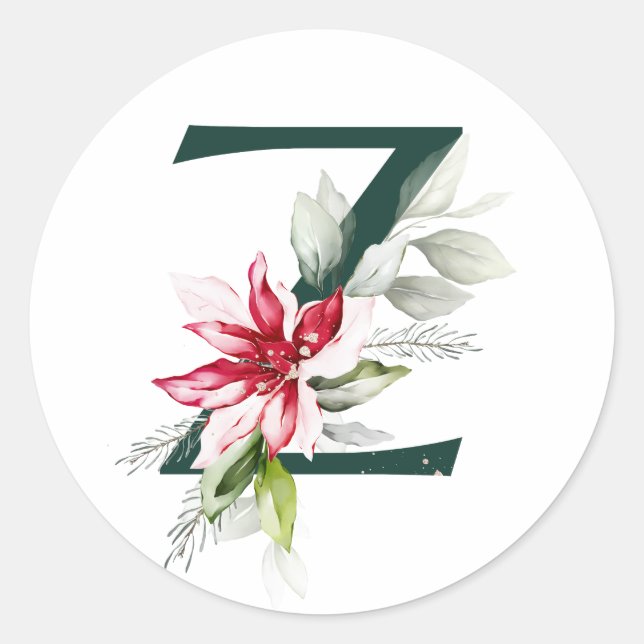 Winter holidays MONOGRAM red poinsettia berries  C Classic Round Sticker (Front)