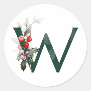 Winter holidays MONOGRAM red poinsettia berries C Classic Round Sticker