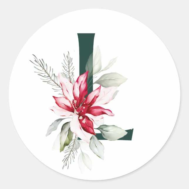 Winter holidays MONOGRAM red poinsettia berries  C Classic Round Sticker (Front)