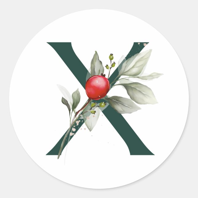 Winter holidays MONOGRAM red poinsettia berries  C Classic Round Sticker (Front)