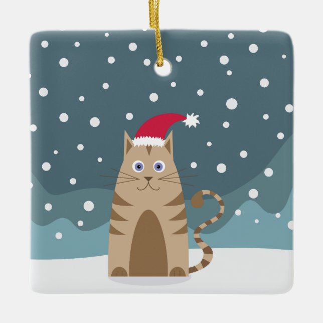 Winter holidays santa hat pet cat snowy christmas ceramic ornament (Front)