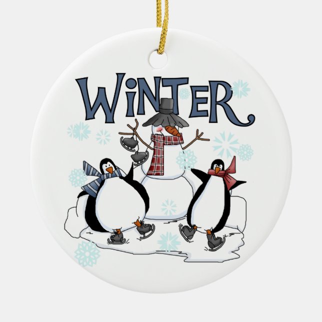 Winter Holidays Snowman Penguins Ice Skating Ceramic Tree Decoration (Front)
