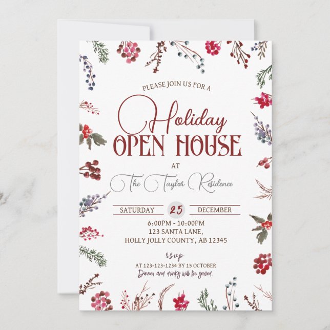 Winter Hollies, Holiday Open House, Year End Party Invitation (Front)