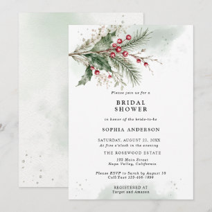 Winter Holly Berries Watercolor Bridal Shower Invitation