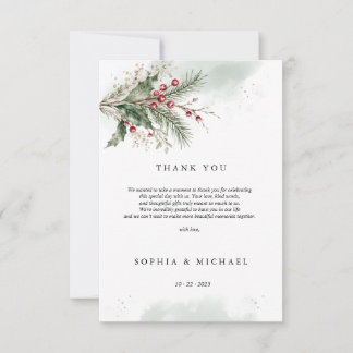 Winter Holly Berries Watercolor Wedding Flat Thank You Card