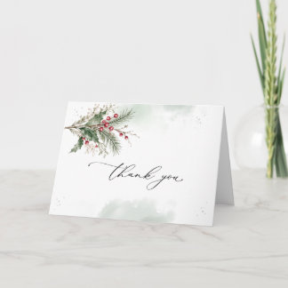 Winter Holly Berries Watercolor Wedding Folded Thank You Card