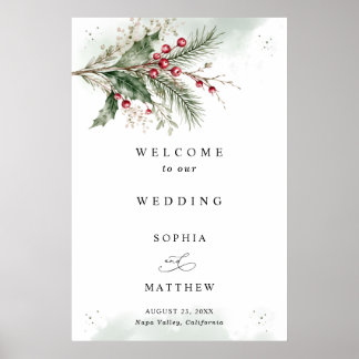 Winter Holly Berries Watercolor Wedding Welcome Poster