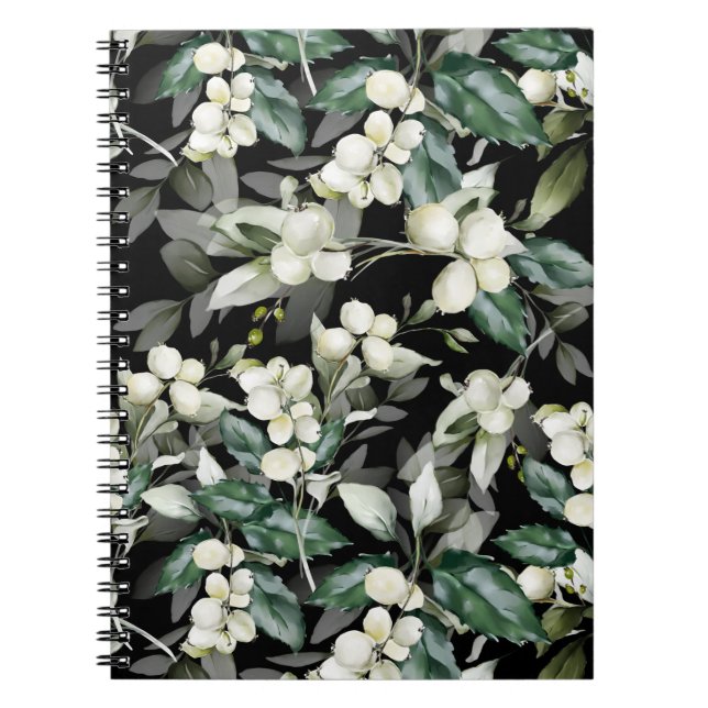 Winter holly branches green pattern watercolour notebook (Front)