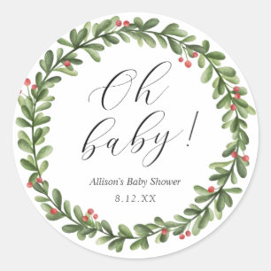 Winter Holly Foliage Baby Shower Round Sticker