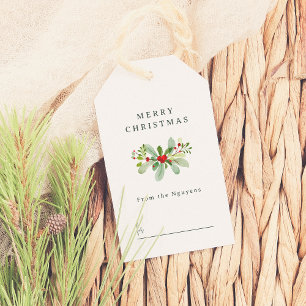 Winter Holly & Pine Christmas Greeting Family Name Gift Tags