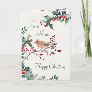 Winter Holly Red Robin Mum Christmas Holiday Card