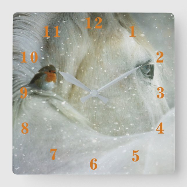 Winter Horse and Robin Square Wall Clock (Front)